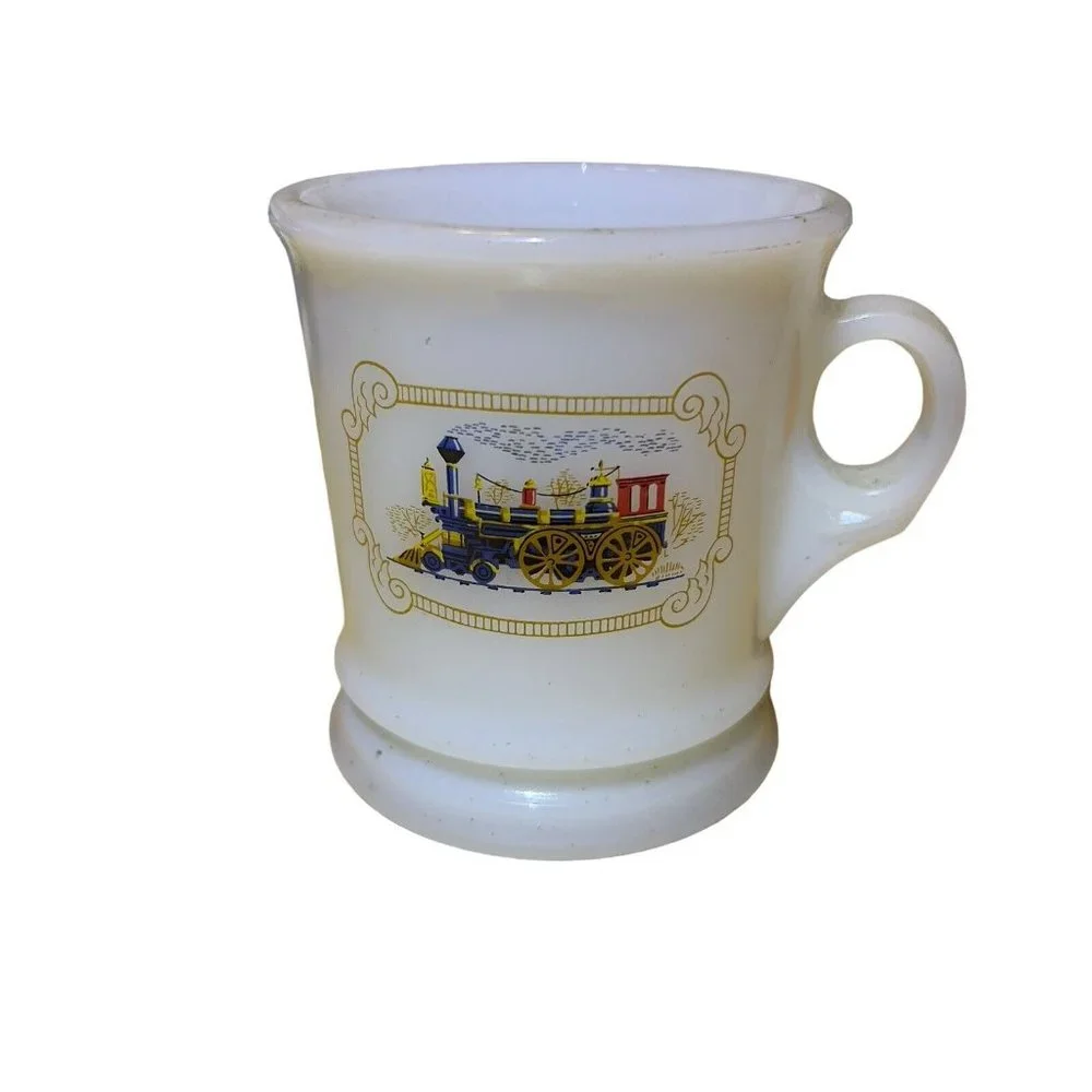 VTG 1970’s Avon Milk Glass Shaving‎ Mug Cup Iron Horse Steam Train Locomotive